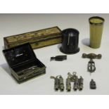 A small group of collectors' items, including a 'LB & SCR' horn railway whistle, five other cast