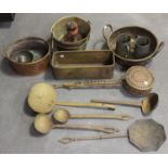 A collection of mainly 19th century copper and brassware, including a copper preserve pan, two brass