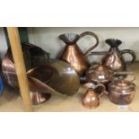 A collection of 19th century and later copper, including two kettles, a coal scuttle and three