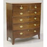 An early Victorian mahogany bowfront chest of two short and four long drawers, on outswept bracket