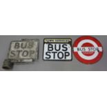 A cast aluminium double-sided 'Bus Stop' sign, together with two enamelled 'Bus Stop' signs.Buyer’