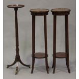 A pair of Edwardian mahogany and chequer inlaid two-tier jardinière stands, height 100cm, together