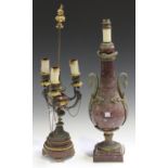 A late 19th century French rouge marble and gilt bronze mounted three light candelabrum, the