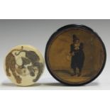 A 19th century papier-mâché circular snuff box, the lid printed with an amusing depiction of an