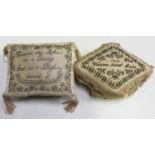 Two early 19th century ivory silk and silver beaded layette pin cushions, one inscribed '1815