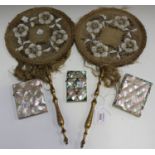 A pair of late Victorian beadwork face screens with giltwood handles, length 46cm, together with