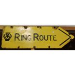 An AA 'Ring Route' enamelled direction sign, the reverse inscribed 'Franco SWI', 30.5cm x 95cm.