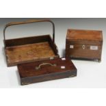 A George III mahogany tea caddy with crossbanded borders and brass ball feet, width 19.5cm, together