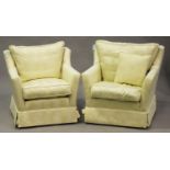 Two similar modern armchairs, upholstered in foliate patterned cream damask, height 86cm, width