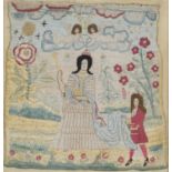 A Queen Anne needlework panel, depicting the queen and attendant standing in a garden setting