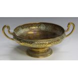 A WMF Arts and Crafts style brass twin-handled bowl, the sides decorated with a band of