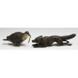 A late 19th century Viennese cold painted bronze model of a quail with a worm in its mouth, length