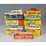 Seven Dinky Toys American cars, comprising a No. 131 Cadillac Eldorado tourer, finished in pink, a