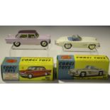 Four Corgi Toys cars, comprising a No. 210s Citroën D.S19, finished in red, a No. 222 Renault