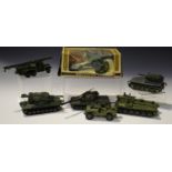 A collection of die-cast vehicles, including Dinky Toys army vehicles, Corgi army vehicles, a