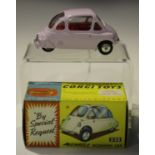 Three Corgi Toys cars, comprising a No. 230 Mercedes-Benz 220SE Coupe, finished in red with yellow