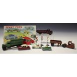 A Dinky Toys No. 25b covered wagon, a No. 415 mechanical horse and trailer, a No. 30J Austin