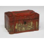 A Chinese Canton red lacquered tea caddy, mid-19th century, the hinged lid and sides decorated