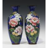 A pair of Japanese cloisonné vases, Meiji period, each blue ground body of high shouldered form,
