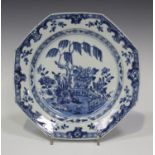 A Chinese blue and white export porcelain octagonal plate, Qianlong period, painted with a willow,