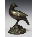 A Chinese brown patinated and inlaid bronze bird censer and cover, Qing dynasty, modelled as an