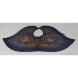 A Chinese blue silk embroidered collar, early 20th century, worked in gilt thread with a pair of