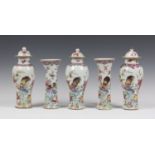 A Chinese famille rose export porcelain garniture of five vases, Qianlong period, comprising three