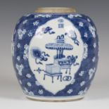 A Chinese blue and white porcelain ginger jar, Kangxi period, of stout ovoid form, painted with