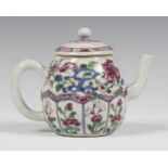 A Chinese famille rose export porcelain teapot and cover, Yongzheng period, the ovoid body enamelled