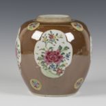 A Chinese famille rose café-au-lait ground porcelain ginger jar, Qianlong period, of stout ovoid