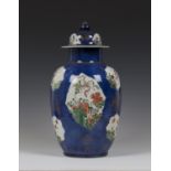 A Chinese famille verte powder blue ground porcelain jar and domed cover, Kangxi period, of