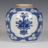 A Chinese blue and white porcelain ginger jar, Kangxi period, of stout ovoid form, painted with