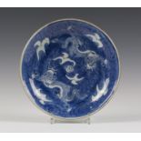 A Chinese blue and white porcelain saucer dish, Kangxi period, the interior painted with a pair of