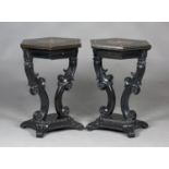 A pair of early 19th century Anglo-Ceylonese ebony and specimen inlaid hexagonal centre tables,