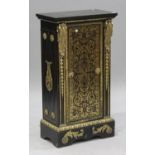A 19th century French ebonized and ormolu mounted boulle work side cabinet, the black marble top