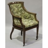 An Edwardian mahogany showframe armchair with boxwood line inlaid decoration, raised on square