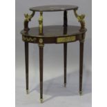 A late 20th century mahogany and gilt metal two-tier étagère with inlaid fan paterae and mask