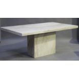 A modern reconstituted cream marble conservatory dining table, the rectangular top on a pedestal