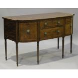 A George III mahogany and satinwood crossbanded break bowfront sideboard, fitted with two drawers