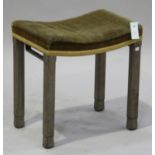 A George VI oak framed coronation stool, the upholstered seat on chamfered block legs, the seat rail