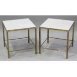 A pair of 20th century gilt metal square occasional tables, the tops inset with white marble, on