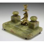 A late 19th/early 20th century green onyx and gilt metal mounted desk standish, the curved