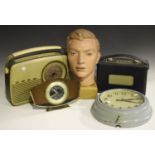 A Smiths electric wall clock with blue painted Bakelite case, diameter 29cm, a Bush radio, a Roberts