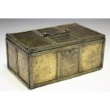 A late 18th/early 19th century chinoiserie gilt brass casket, the hinged lid and sides with engraved