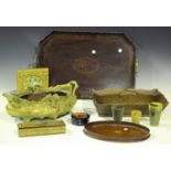 A group of mixed collectors' items, including a 19th century oak cutlery tray, an Edwardian mahogany