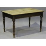 A Victorian stripped and stained pine kitchen table, on turned legs, height 73cm, length 122cm,