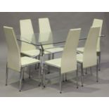 A set of six cream leather and chromium plated dining chairs, height 99cm, width 44cm, together with