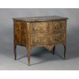 A mid-18th century Rococo walnut and kingwood crossbanded bombé commode, the serpentine rouge marble