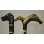 A late 19th century ebonized novelty walking stick, the handle finely carved as a horse's head,