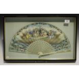 A 19th century French ivory and paper folding fan, one side painted with a Rococo scene of figures